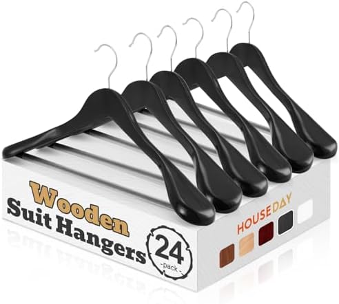 HOUSE DAY Premium Wooden Suit Hangers 24 Pack, Thick Wide Shoulder Black