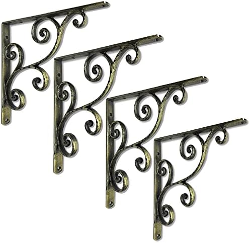 NACH Decorative Shelf Brackets, 2 Pack of 5.5 x 0.7 x 5.5 inch, Antique Brass Cast Iron Shelving Brackets - Metal Shelf 