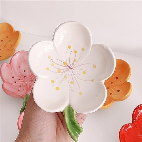 Self-Draining Soap Dish Ceramic Cute Bar Soap Holder for Countertop, Kitchen, Bathroom, Bedroom, Peach Blossom, White