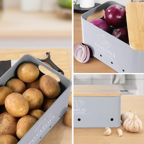 Kitchen Vegetable Storage Set of 3, Metal Onion Garlic Potato Storage Set, Kitchen Canisters Vegetable Keeper Containers