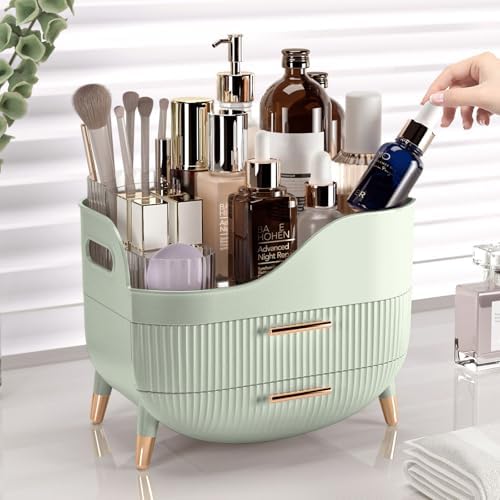 Pajiriona Makeup Organizer with Drawers, Green Skincare Organizer for Vanity, Storage Box with Handle, Large Cosmetic Di