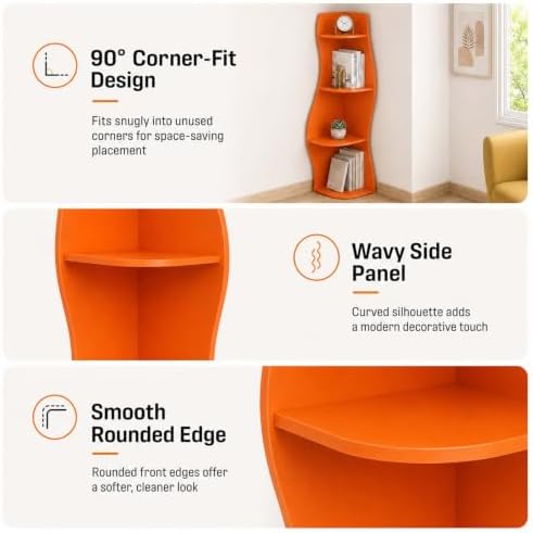 HRVEOCEI 5-Tier Wavy Corner Shelf with Curvy Shape for Small Space, Orange