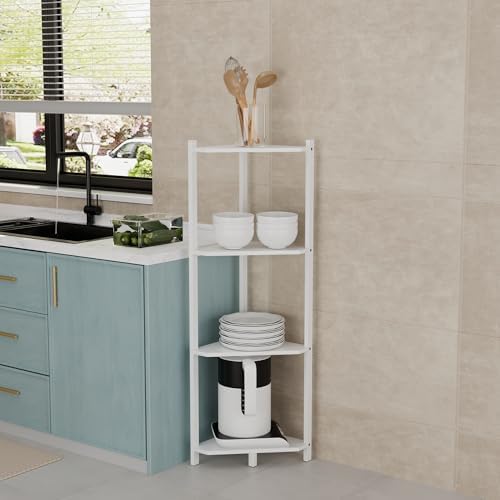 Wisuce Bamboo Small Corner Shelf Stand, 4-Tier White Corner Bookshelf