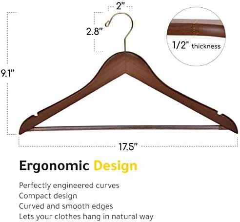 Quality Wooden Hangers - Slightly Curved Hanger 20-Pack Sets - Solid Wood Coat Hangers with Stylish Chrome Hooks - Heavy-Duty Clothes, Jacket, Shirt, Pants, Suit Hangers Walnut - Gold Hook