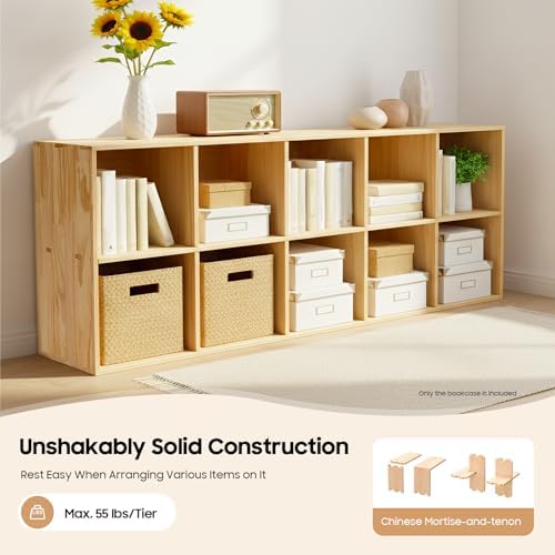 10-Cube Solid Wood Bookshelf, 2-Tier Storage Organizer Semi-Open Floor Display Shelf Closet Cabinet for Home Office Libr