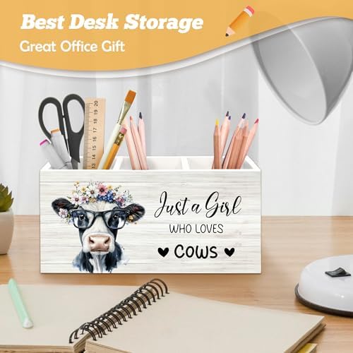 Cow Inspirational Pen Holder Organizer for Desk Accessories, Just a Girl Who Loves Cows Farmhouse Wooden Box Sign Desk Decorations for Home Classroom Dorm Office Tabletop Decor