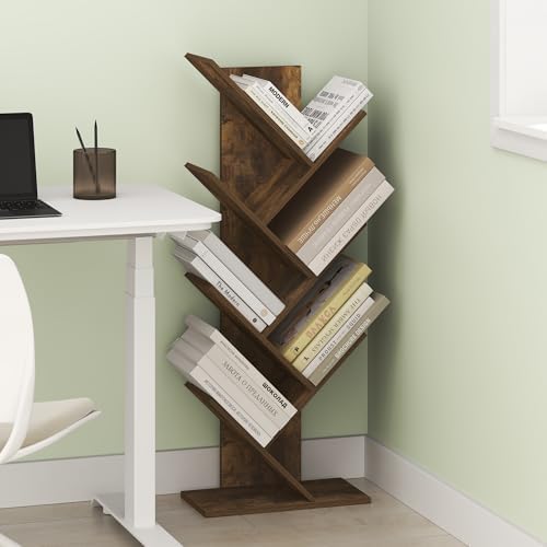 Ipoh Tree Book Shelf, 7-Tier Tree Bookcase, for Narrow Space, Books, CDs, Magazines, Rustic Brown