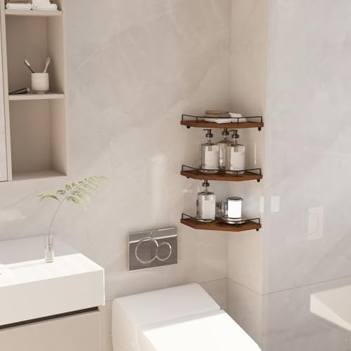 Trwcrt Corner Shelf Wall Mounted Set of 3, Floating Wall Shelves Rustic Wooden Storage Shelves for Bedroom, Bathroom, Li
