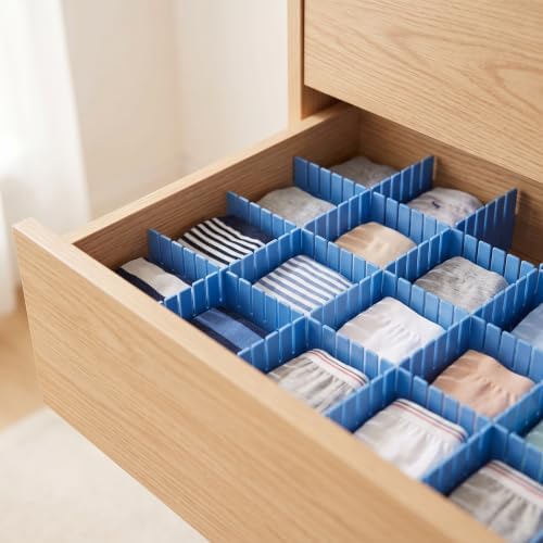 JOIKIT 60 PCS Blue Plastic DIY Grid Drawer Dividers, Adjustable Organizer, Household Storage Makeup Socks Underwear Orga
