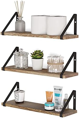 Wallniture Ponza Floating Shelves for Wall, Laundry Room and Bathroom Storage Shelf Unit Set of 3, Natural Burned Rustic