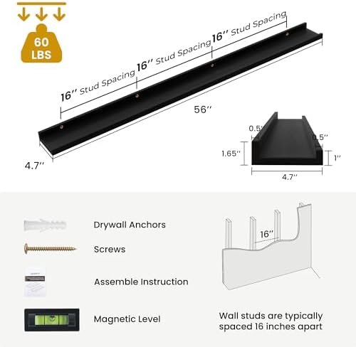 Acovy Solid Ash Wood Picture Ledge Shelf, 56 Inch, Black, Set of 2