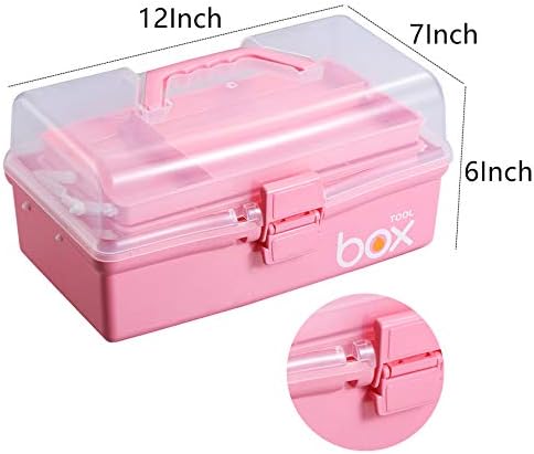 Kinsorcai 12'' Three-Layer Clear Plastic Storage Box with Handle, Craft Tool Box, 3 Layer Pink Tackle Box for Women, Org