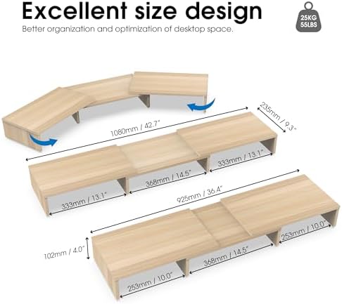 FITUEYES Dual Monitor Stand Riser, Adjustable Length and Angle, Oak