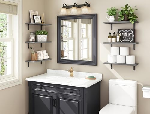 Fixwal Wood Floating Shelves Set of 6, Wall Mounted - Farmhouse Shelf for Bedroom, Bathroom Storage - Grey
