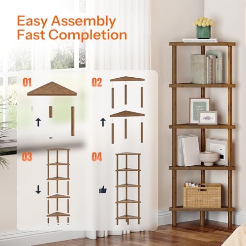 HOOBRO Corner Shelf Stand, 5-Tier Bamboo Corner Bookshelf, Plant Display Shelf, Corner Bookcase, Multipurpose Shelving U