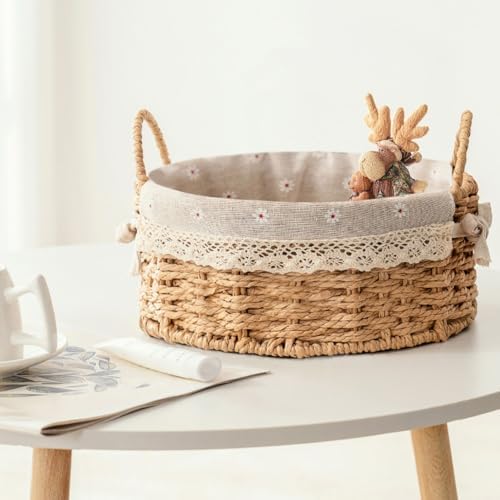 GIB Small Round Wicker Storage Baskets for Organizing with Handle and Liner