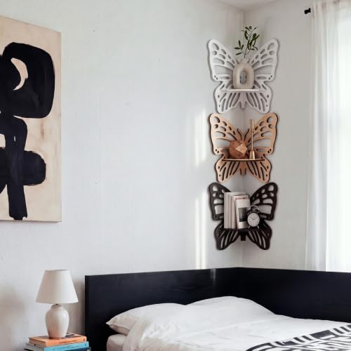 3 Pcs Butterfly Corner Floating Shelves Wall Mounted Set, Neutral Color