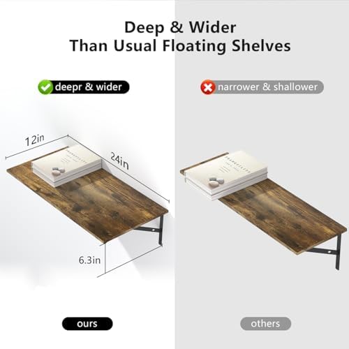 Deep Floating Shelves for Wall Set of 3, 24W x 12 Inch Deep Floating Shelves, Wide Floating Wall Mounted Shelves for Liv