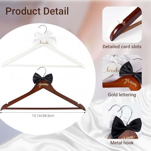 JOVGANK Bride & Groom Wooden Wedding Hangers Set with Bow Tie