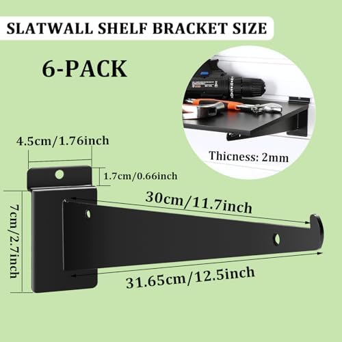 12 Inch SlatWall Shelf Brackets with Lip, Black, 6 Pack