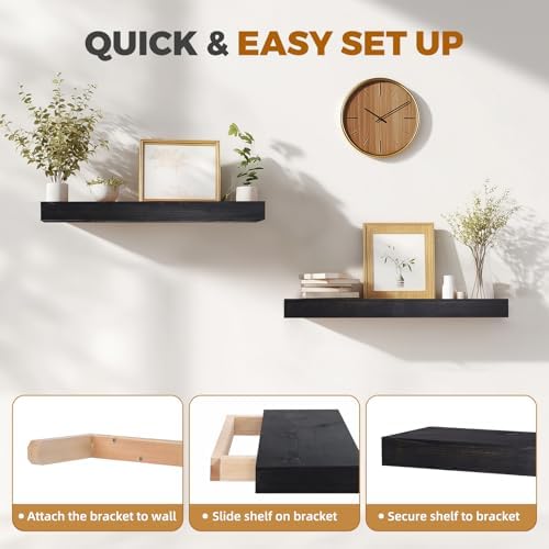 Floating Shelves, 24 Inch Wall Mounted Shelves, Set of 2, Black