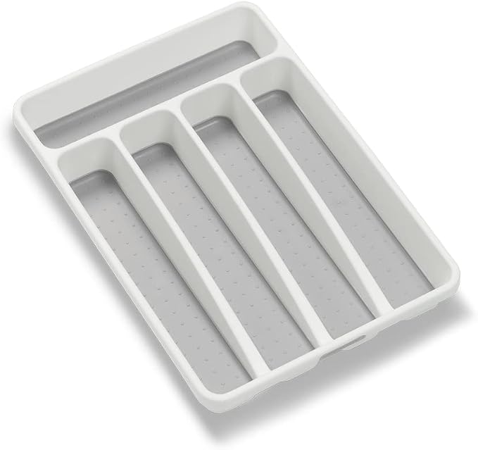 madesmart Premium Small Silverware Tray, Compact 5 Compartment Flatware Organizer for Forks, Knives & Spoons, Non Slip, Soft Grip Lining, Fits Small Drawers, White