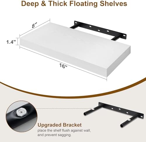 16 Inch Floating Shelves for Bathroom White, 8" Deep Wall Shelf, Set of 3