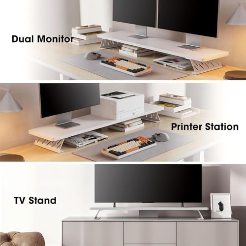 Fenge Monitor Stand Riser, Wooden & Metal Desk Shelf Organizer, White