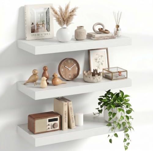 20" Floating Shelves for Wall, Set of 3, 8" Deep, 1.5" Thick, White