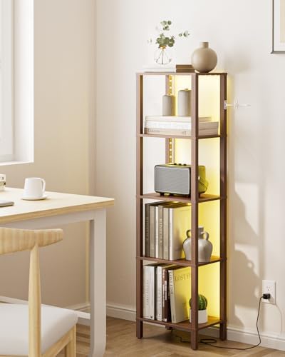 Open Book Shelf with LED Lights, 5 Tier Tall Bookshelf, Freestanding Shelf Narrow Bookcase with Open Shelves, 14.96" x 1