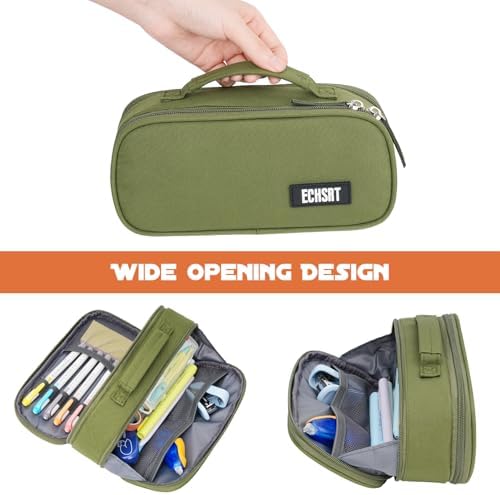 ECHSRT Large Tactical Pencil Case, 3-Compartment Zipper Pouch, Olive Green