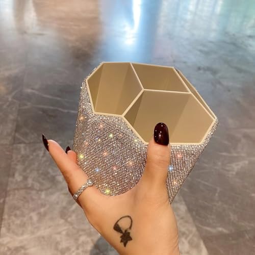 Bling Design Makeup Brush Holder Organizer,360° Rotating Glitter Rhinestones Cosmetics Storage with 5 Slot Large Capacit