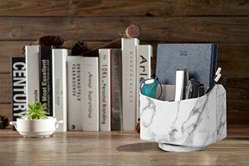 HofferRuffer Spinning Remote Control Holder, Remote Controller Holder, Remote Caddy, Media Storage Organizer, Spinning Remote Control Organizer, 7.3X 5.5 x 6 inches, Marble PU Leather