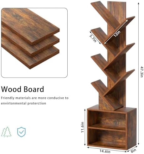 SHEEPAM 10-Tier Tree Bookshelf Floor Standing Narrow Space Storage Bookcase