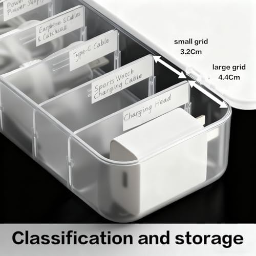 Cable Organizer Box with 7 Wire Ties, 2 Pack Desktop Cord Management Storage Case with Lid, 7 Compartments for Chargers 