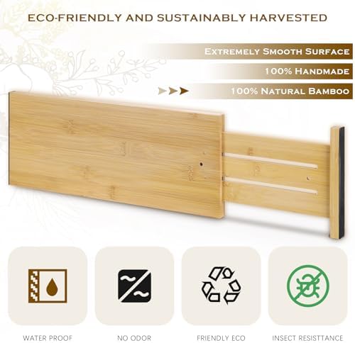 DoubleFill 8 Pcs Deep Bamboo Drawer Dividers, Deep Kitchen Dresser Drawer Organizer with Spring Loaded for Clothes, Adju