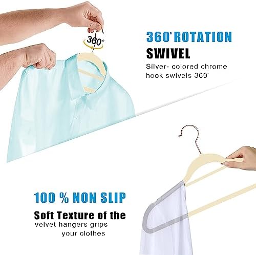 GVTECH Premium Velvet Hangers, [50 Pack] Non Slip and Heavy Duty Velvet Suit Hangers (45cm) with Tie Bar, 360° Swivel Hooks, Sturdy to Hold Jumper, Pullovers, Jackets & Hoodies (50 Pack, Ivory)