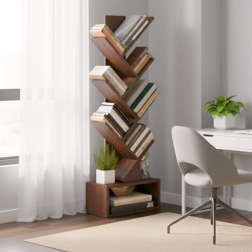 FDW 7 Tier Tree Bookshelf, Rustic Brown Floor Standing Bookcase with Storage Cabinet, Tall Narrow Bookshelves Organizer 
