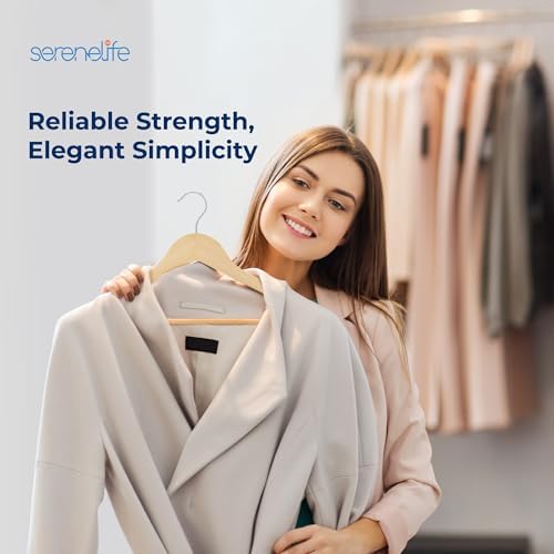 SereneLife Solid Wooden Hangers, Mega Pack, 50 Pieces Hangers for Clothes, Heavy Duty Suit Hanger Set with Chrome 360 Degree Swivel Hook, Notched Design, Natural Wood Color