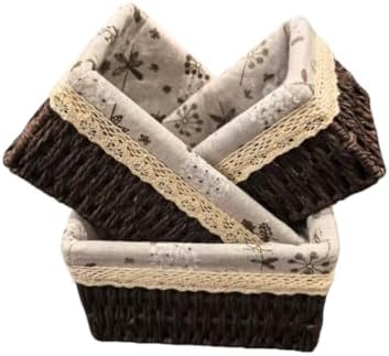 Wicker Woven Baskets With Liner, 3Packs Small Square Decorative Shelf Basket For Home Storage And Organizing (coffee)