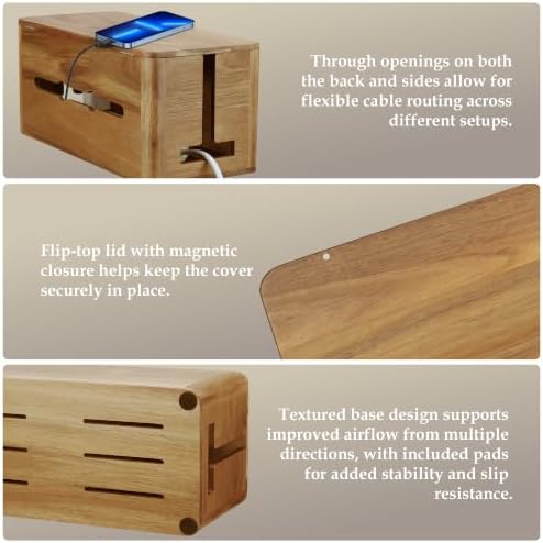 Acacia Wood Cord Management Box, Magnetic Lid, Hide Cable & Cord Organizer