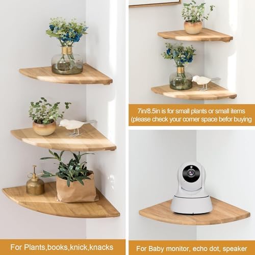 Corner Shelf, Solid Oak Wood Floating Corner Shelf Wall Mount Round End Floating Speaker with Wire Hole for Small Plant 