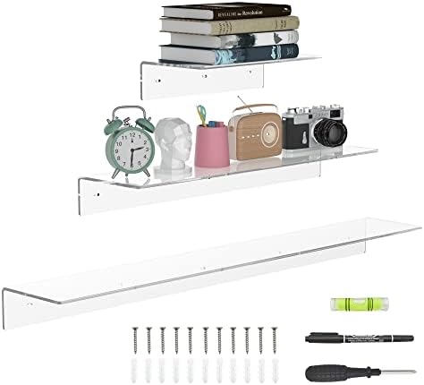 Sezanrpt Acrylic Wall Shelves 36 24 12 Inches, Clear Floating Shelf for Wall, Wall Mounted Display Shelves for Plants, Radio, Funko Pop, Stuffed Animal, Books, Clock, Cosmetics, Toiletries