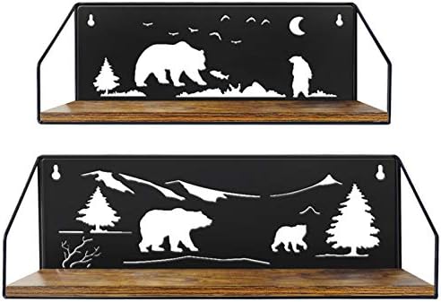Giftgarden Floating Shelves for Wall with Unique Adorable Bears Cutouts, Rustic Wooden Iron Wall Shelf Bear Decor for Bathroom Cabin Lodge Bedroom Kitchen Living Room Nursery, Black, Set of 2