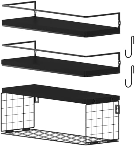 Black Floating Shelves with S Hooks, Wall Mounted Bathroom Shelves Over Toilet with Toilet Paper Basket, Bathroom Organi