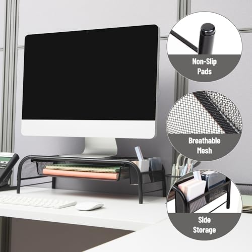 Mind Reader Monitor Stand, Ventilated Laptop Riser, Paper Tray, Storage, Office, Metal Mesh, 20"L x 11.5"W x 5.5"H, Blac