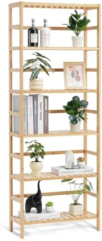 VEVOR 6-Tier Bamboo Shelf, Open Wood Bookshelf, Display Storage Rack Organizer, Freestanding Flower Plant Stand, Multifu