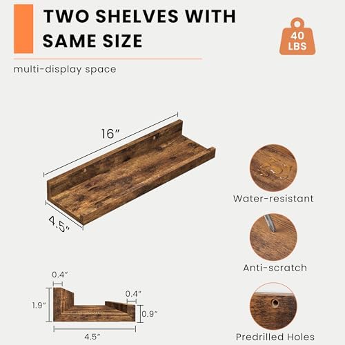 Heimlove Picture Ledge Shelf, Floating Shelves Set of 2, 15.75Inches Picture Shelf for Wall with Ledge, Kids Bookshelf Wall Mounted for Living Room Bedroom Decor Books Photo Frames - Rustic Brown