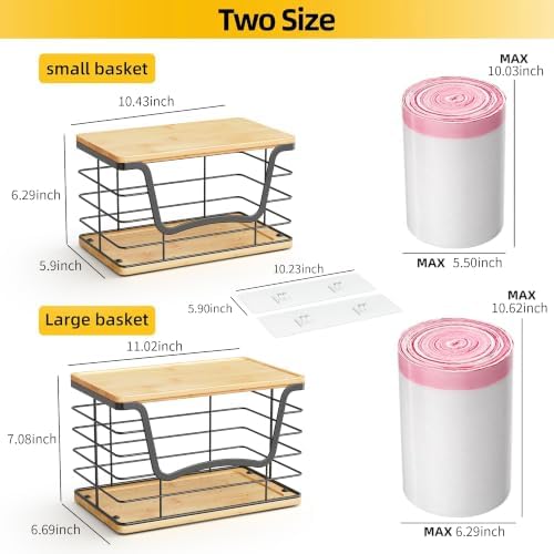 ALOCEO 2 Pack Large Trash Bag Holder for 13/30/33 Gallon Bags, Potato and Onion Storage Baskets with Bamboo Lid, Stainle