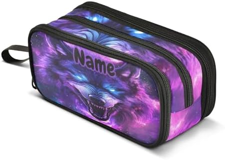 Custom Blue Eyes Wolf Purple Galaxy Pencil Case Box Boys Girls Personalized Name Large Pencil Pouch Stationery Pen Bag Organizer for Kids Adults School Office